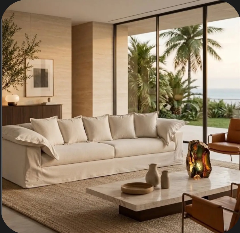 Sala de estar clara com vista para jardim
